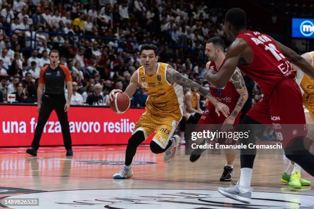 Carlos Delfino, #82 of Carpegna Prosciutto Pesaro, dribbles the ball during Game One of the Quarterfinals of LBA Lega Basket Serie A Playoffs between...