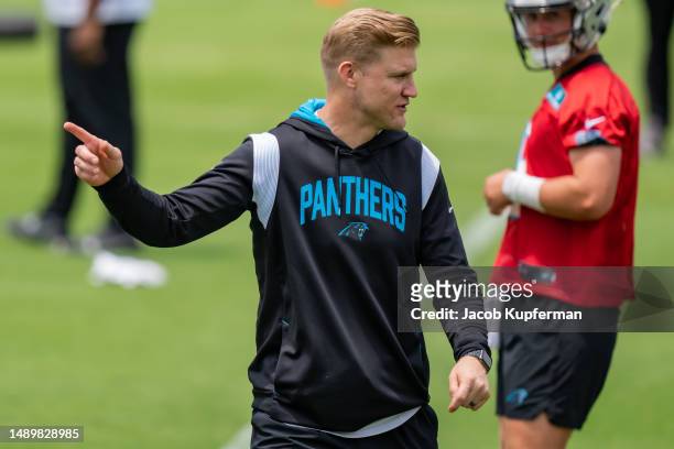 Quarterbacks coach Josh McCown of the Carolina Panthers looks on during practice at Bank of America Stadium on May 13, 2023 in Charlotte, North...