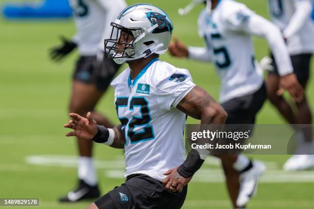 Johnson of the Carolina Panthers works through a drill during Carolina Panthers Rookie Minicamp at Bank of America Stadium on May 13, 2023 in...