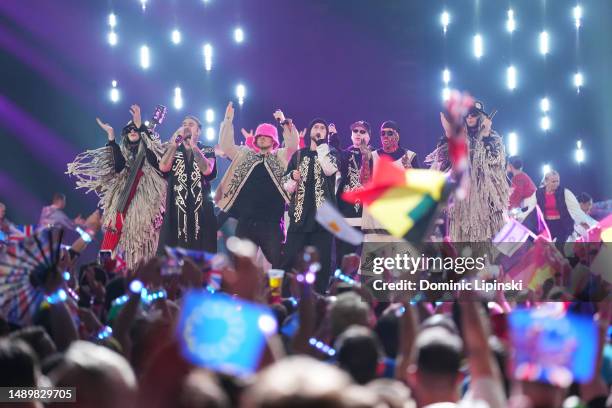 Eurovision 2022 Winners Kalush Orchestra from Ukraine perform on stage at Liverpool Arena on May 13, 2023 in Liverpool, England.