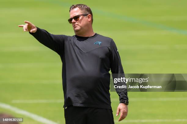 General manager Scott Fitterer of the Carolina Panthers looks on during the Panthers Rookie Minicamp at Bank of America Stadium on May 13, 2023 in...