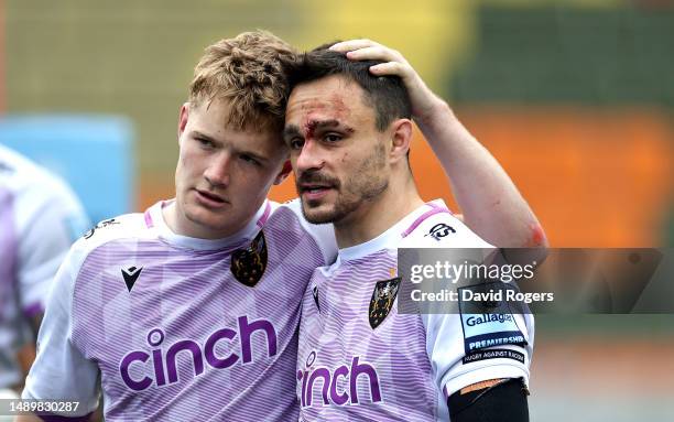 Tom Collins of Northampton Saints looks dejected with team mate Fin Smith after their defeat during the Gallagher Premiership Semi-Final match...