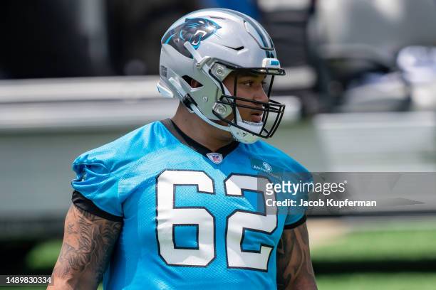 Chandler Zavala of the Carolina Panthers works through a drill during Carolina Panthers Rookie Minicamp at Bank of America Stadium on May 13, 2023 in...