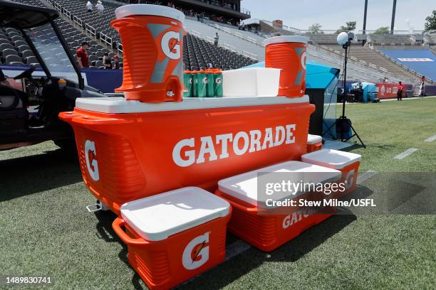 View of the Gatorade logo on the sidelines prior to the game between the Houston Gamblers and Birmingham Stallions at Protective Stadium on May 13,...