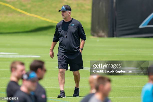 Head coach Frank Reich of the Carolina Panthers looks on during the Panthers Rookie Minicamp at Bank of America Stadium on May 13, 2023 in Charlotte,...