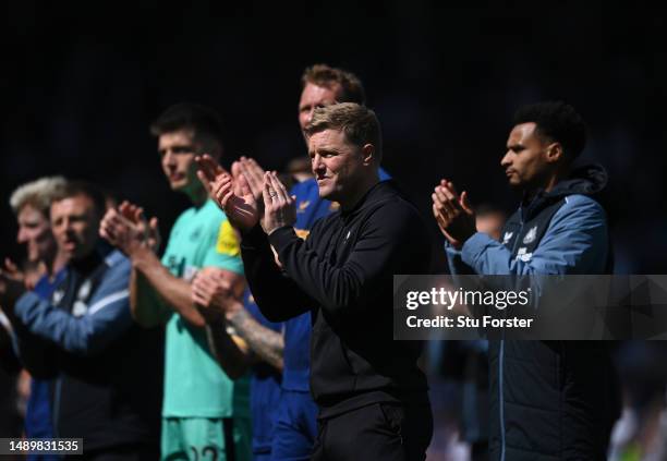 Newcastle head coach Eddie Howe applauds the fans after the Premier League match between Leeds United and Newcastle United at Elland Road on May 13,...