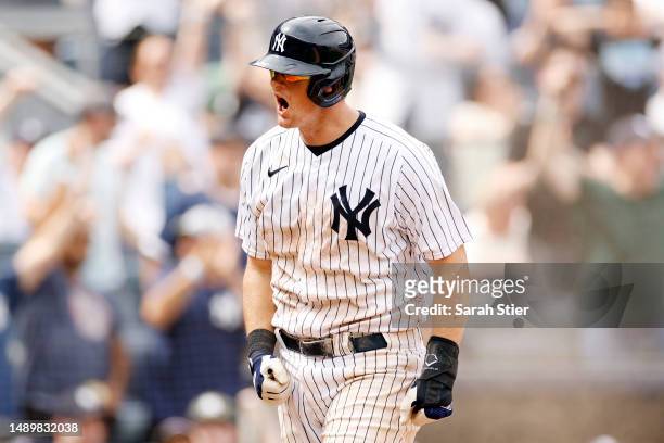 LeMahieu of the New York Yankees reacts after scoring on a 2-RBI single hit by Oswaldo Cabrera during the sixth inning against the Tampa Bay Rays at...