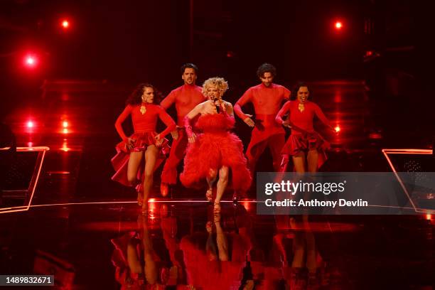 Portugal Entry Mimicat performs "Ai Coração" on stage during The Eurovision Song Contest 2023 Grand Final at M&S Bank Arena on May 13, 2023 in...