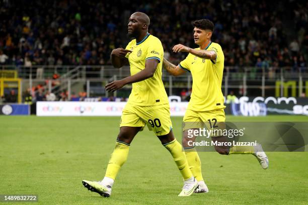 Romelu Lukaku of FC Internazionale celebrates after scoring the team's first goal with teammate Raoul Bellanova during the Serie A match between FC...