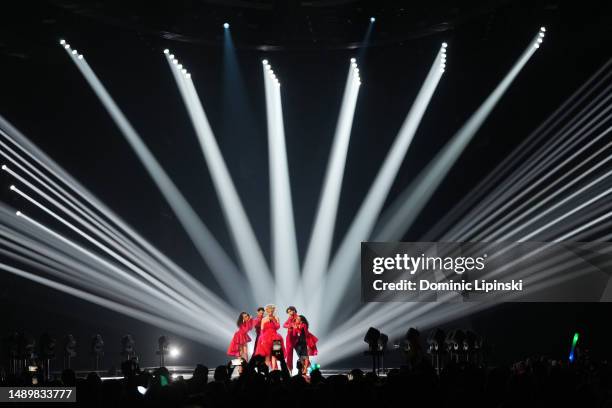 Portugal Entry Mimicat performs "Ai Coração" on stage during The Eurovision Song Contest 2023 Grand Final at M&S Bank Arena on May 13, 2023 in...