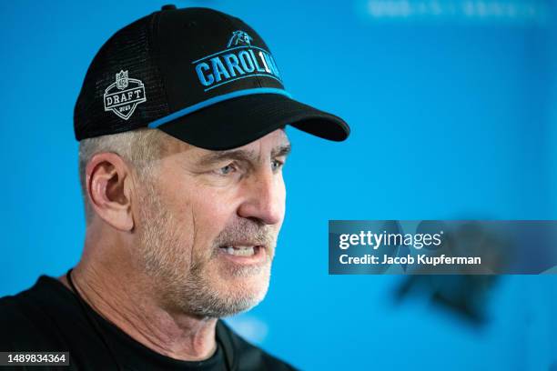 Head coach Frank Reich of the Carolina Panthers talks with the media after Carolina Panthers Rookie Minicamp at Bank of America Stadium on May 13,...