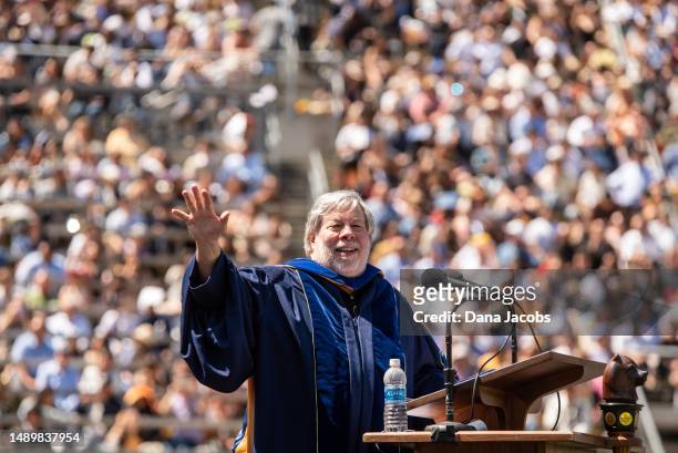 Steve Wozniak addresses students as the keynote speaker at the University of California, Berkeley's commencement ceremony on May 13, 2023 in...