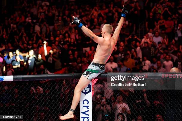 Ian Garry of Ireland reacts after his TKO victory over Daniel Rodriguez in their welterweight fight during the UFC Fight Night event at Spectrum...