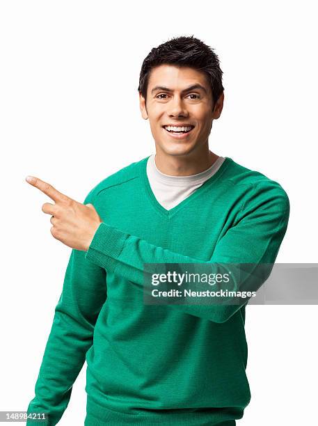 young man pointing to his right - isolated - guy pointing stock pictures, royalty-free photos & images