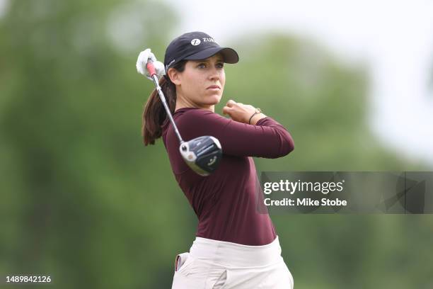 Albane Valenzuela of Switzerland hits a tee shot on the seventh hole during the third round of the Cognizant Founders Cup at Upper Montclair Country...