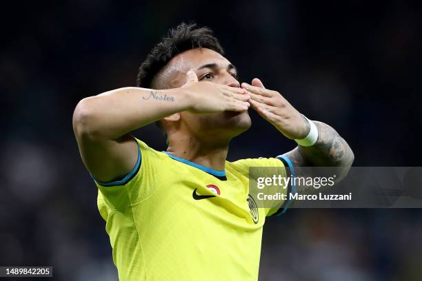 Lautaro Martinez of FC Internazionale celebrates after scoring the team's third goal during the Serie A match between FC Internazionale and US...