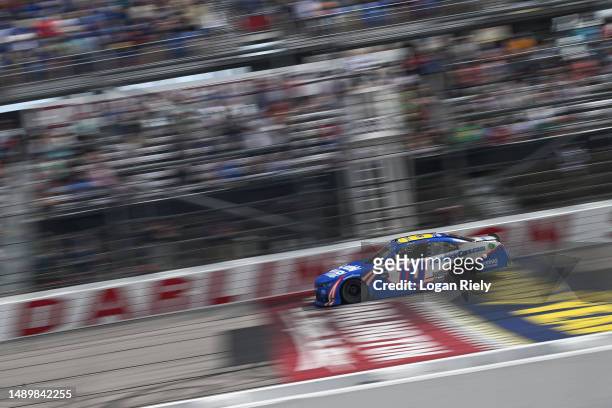 Kyle Larson, driver of the HendrickCars.com Chevrolet, crosses the finish line to win the NASCAR Xfinity Series Shriners Children's 200 at Darlington...