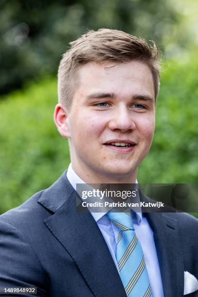 Prince Gabriel of Belgium attend a garden party at Laken Castle to celebrate the 10th reigning jubilee of the Belgian King on May 13, 2023 in...
