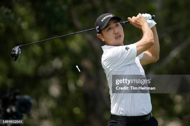 Sangmoon Bae of South Korea plays his shot from the 16th tee during the third round of the AT&T Byron Nelson at TPC Craig Ranch on May 13, 2023 in...