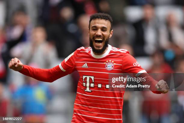 Noussair Mazraoui of FC Bayern Munich celebrates after scoring the team's sixth goal during the Bundesliga match between FC Bayern München and FC...