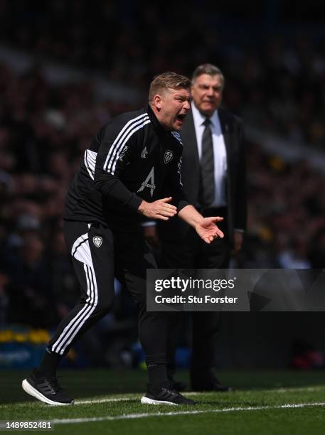 Leeds manager Sam Allardyce and coach Karl Robinson react on the sidelines during the Premier League match between Leeds United and Newcastle United...