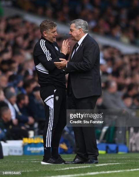 Leeds manager Sam Allardyce and coach Karl Robinson react on the sidelines during the Premier League match between Leeds United and Newcastle United...
