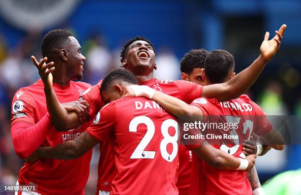 Taiwo Awoniyi of Nottingham Forest celebrates after scoring the team's first goal during the Premier League match between Chelsea FC and Nottingham...