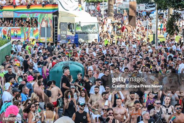 Thousands of people celebrate Gay Pride Maspalomas 2023, in Playa del Ingles, on 13 May, 2023 in Maspalomas, Gran Canaria, Canary Islands, Spain. The...
