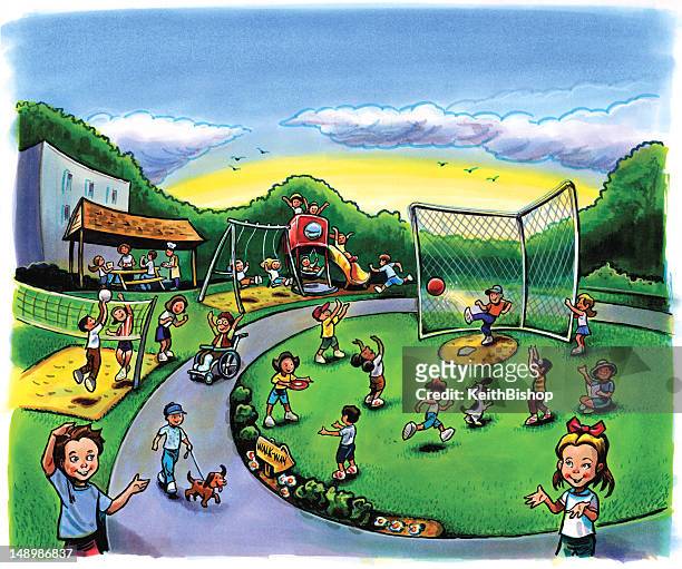 school playground with children - kickball stock illustrations