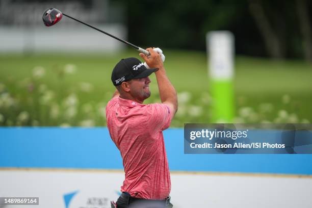 Taylor Montgomery of the United States watches his tee shot on hole during the third round of the AT&T Byron Nelson at TPC Craig Ranch on May 13,...