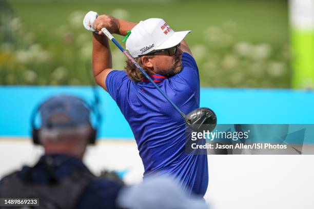 Roger Sloan of Canada watches his tee shot on hole during the third round of the AT&T Byron Nelson at TPC Craig Ranch on May 13, 2023 in McKinney,...