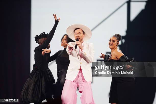 Belgium Entry Gustaph performs "Because Of You" on stage during The Eurovision Song Contest 2023 Grand Final at M&S Bank Arena on May 13, 2023 in...