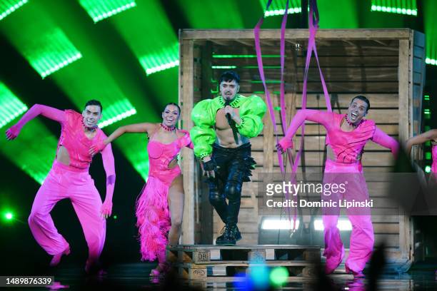 Finland Entry Käärijä performs "Cha Cha Cha" on stage during The Eurovision Song Contest 2023 Grand Final at M&S Bank Arena on May 13, 2023 in...