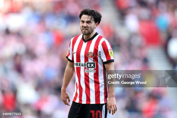 Patrick Roberts of Sunderland reacts during the Sky Bet Championship Play-Off Semi-Final First Leg match between Sunderland and Luton Town at Stadium...