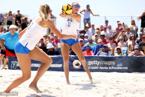 Jessie Smith of the UCLA Bruins returns a serve against the USC Trojans during the Division I Womens Beach Volleyball Championship held at Gulf...