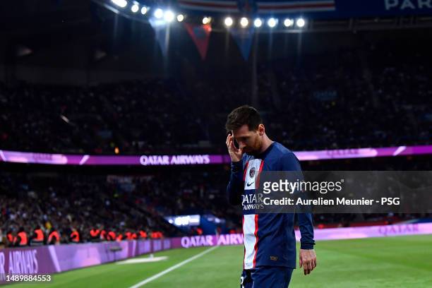 Leo Messi of Paris Saint-Germain looks on during the Ligue 1 match between Paris Saint-Germain and AC Ajaccio at Parc des Princes on May 13, 2023 in...
