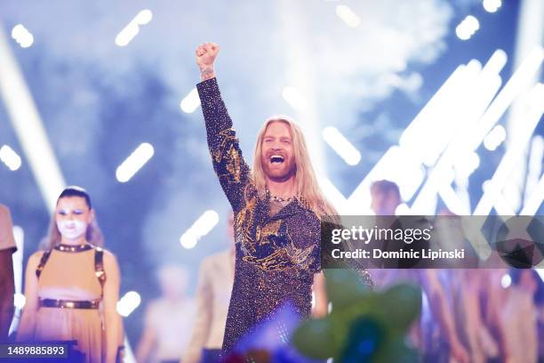 Sam Ryder performs on stage during The Eurovision Song Contest 2023 Grand Final at M&S Bank Arena on May 13, 2023 in Liverpool, England.