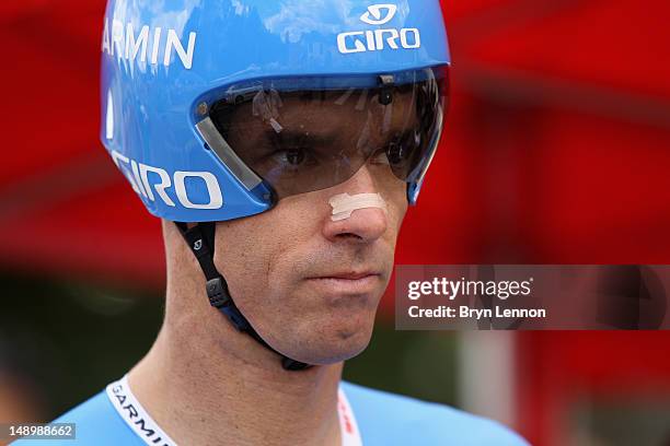 David Millar of Great Britain and Garmin-Sharp looks on prior to starting stage nineteen of the 2012 Tour de France, a 53.5km time trial from...