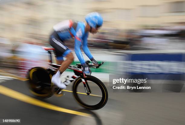 David Millar of Great Britain and Garmin-Sharp heads down the starting ramp as he begins stage nineteen of the 2012 Tour de France, a 53.5km time...