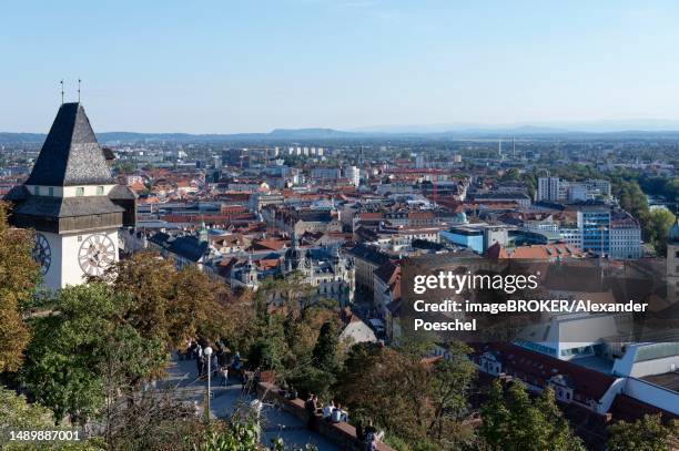 clock tower, skyline, graz, styria, austria - graz stock pictures, royalty-free photos & images