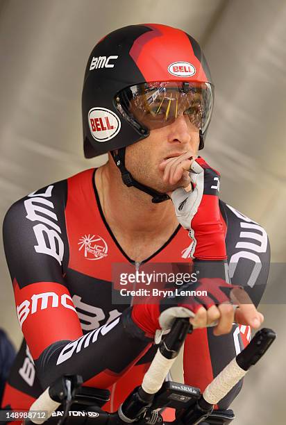 Stephen Cummings of Great Britain and BMC Racing Team looks on prior to starting stage nineteen of the 2012 Tour de France, a 53.5km time trial from...