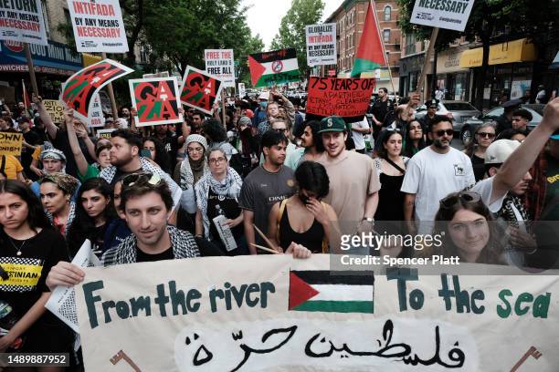 Local Palestinians, activists and others participate in a "Nakba" rally in the Bay Ridge section of Brooklyn on May 13, 2023 in New York City....