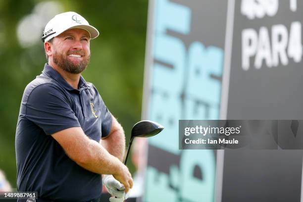 Graeme McDowell of Cleeks GC reacts after his tee shot on the 9th hole during Day Two of the LIV Golf Invitational - Tulsa at Cedar Ridge Country...