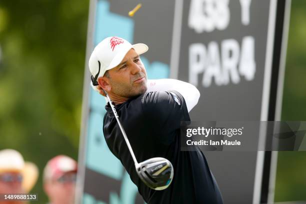 Sergio Garcia of Fireballs GC hits a tee shot on the 9th hole during Day Two of the LIV Golf Invitational - Tulsa at Cedar Ridge Country Club on May...