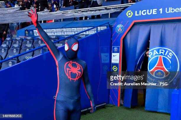 Spider Man makes an appearance before the Ligue 1 match between Paris Saint-Germain and AC Ajaccio at Parc des Princes on May 13, 2023 in Paris,...