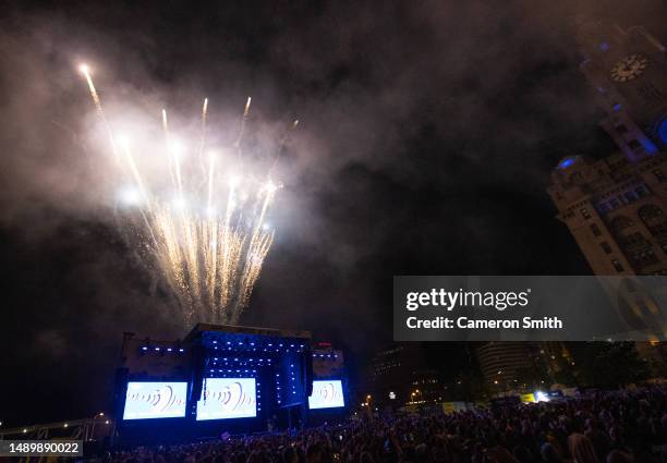 Eurovision fans enjoy fireworks as they gather in Liverpool to watch the Eurovision Song Contest final on a giant screen in the Eurovision Village on...