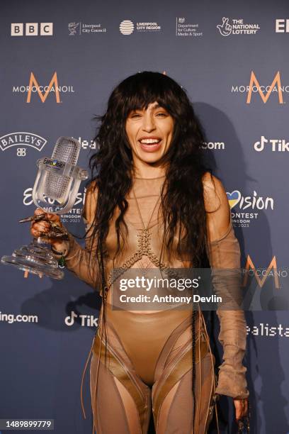 Loreen poses with her Eurovision Trophy after winning The Eurovision Song Contest 2023 Grand Final at M&S Bank Arena on May 13, 2023 in Liverpool,...