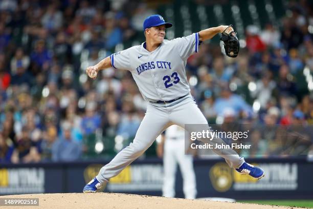 Zack Greinke of the Kansas City Royals throws a pitch in the first inning against the Milwaukee Brewers at American Family Field on May 13, 2023 in...