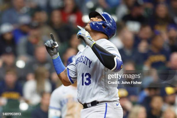 Salvador Perez of the Kansas City Royals crosses home plate after hitting a solo home run in the fifth inning against the Milwaukee Brewers at...