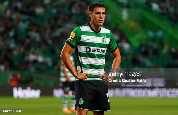 Manuel Ugarte of Sporting CP during the Liga Bwin match between Sporting CP and CS Maritimo at Estadio Jose Alvalade on May 13, 2023 in Lisbon,...